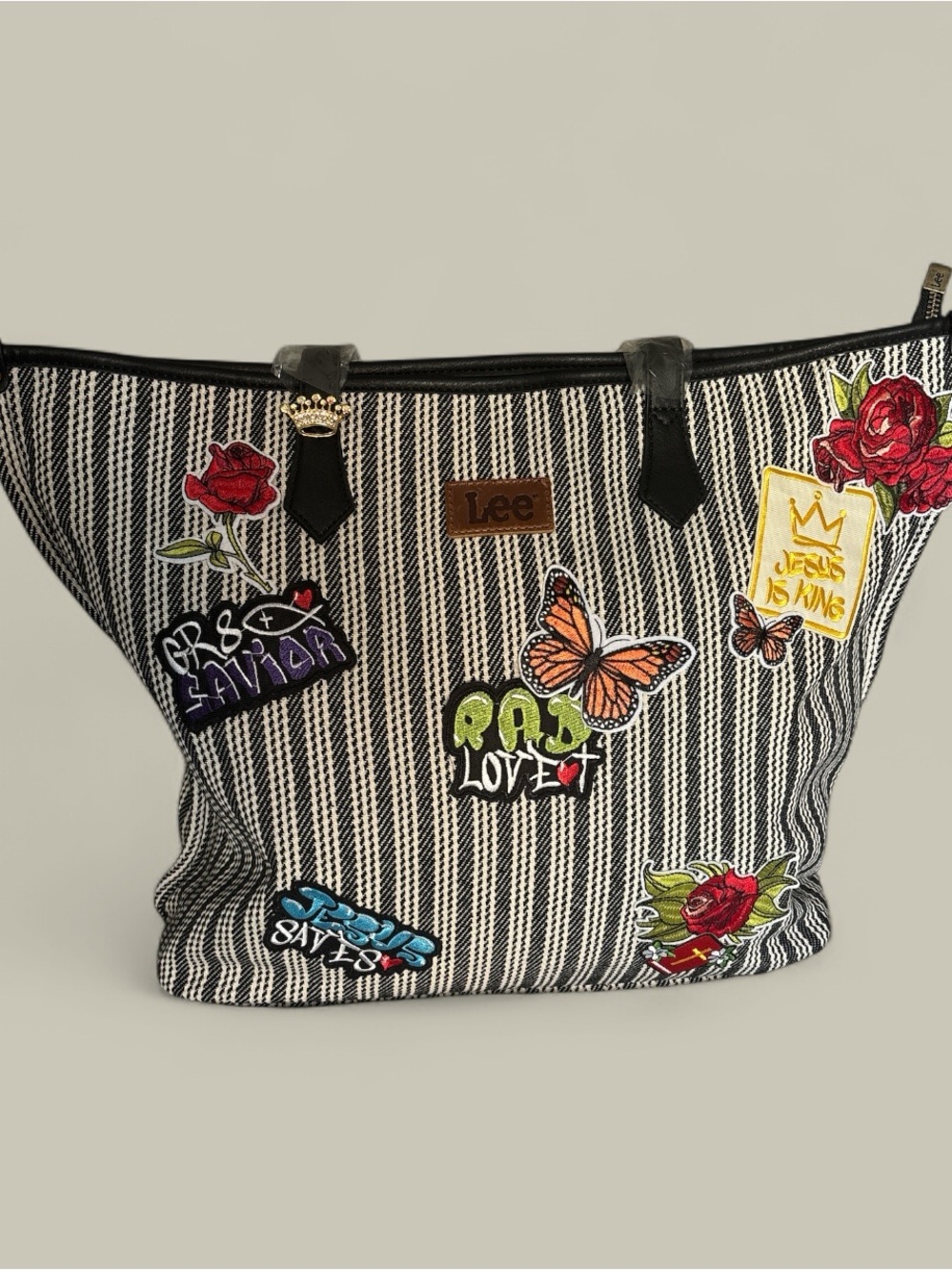 *One of a kind.* Lee Black & White Striped Tote with Embroidered Patches